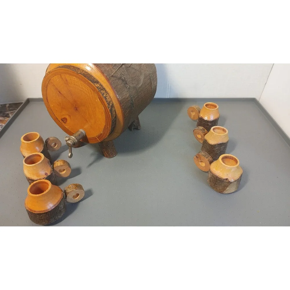 Vintage Handmade Rustic Wood Barrel Liquor Dispenser Set 7pc Brown Folk Art